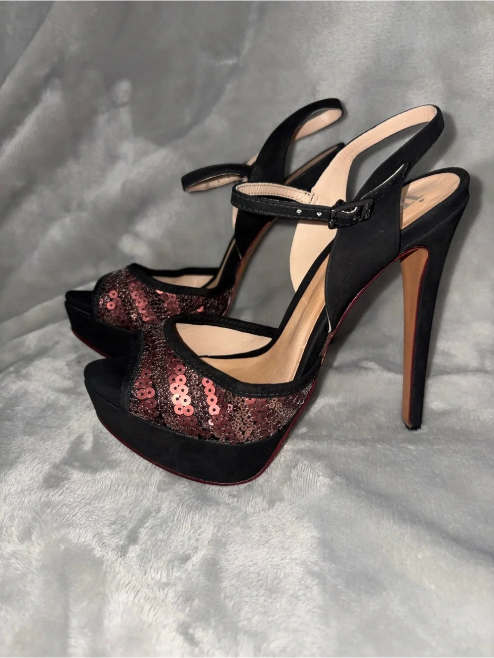 Women's Black and Burgundy Sequin Platform Heels